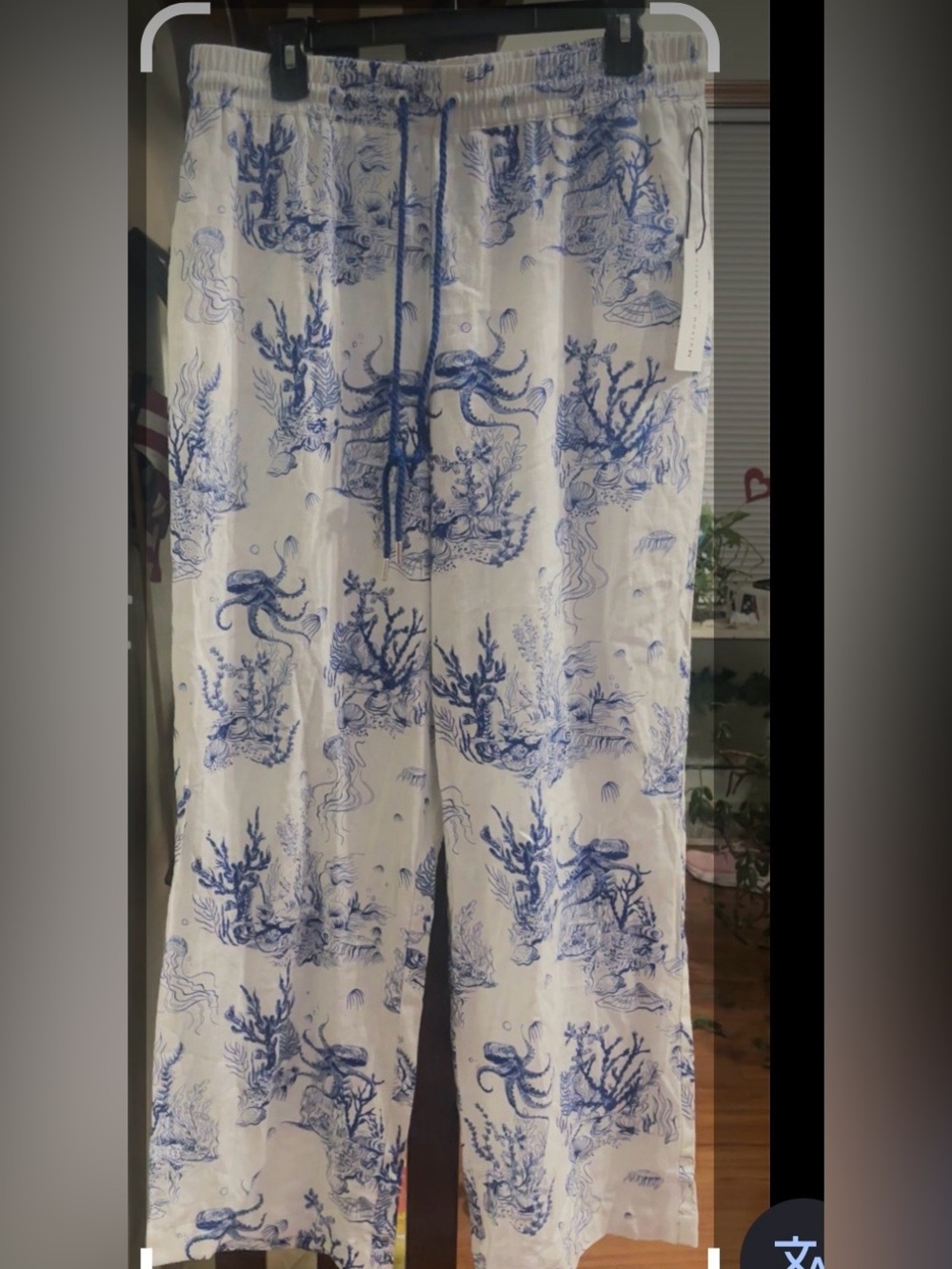 White Linen Blend Pants with Blue Underwater Print